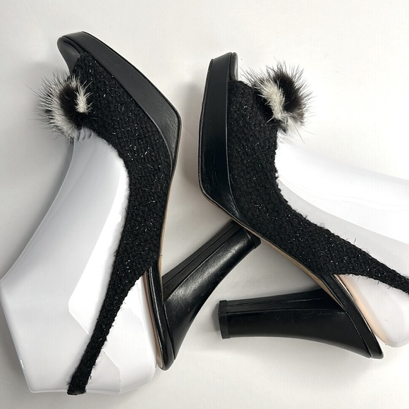 KATE SPADE Galore Black Boucle Tweed Mink Fur Bow Slingback Peep‎ Toe Heels Pump - Picture 8 of 17
